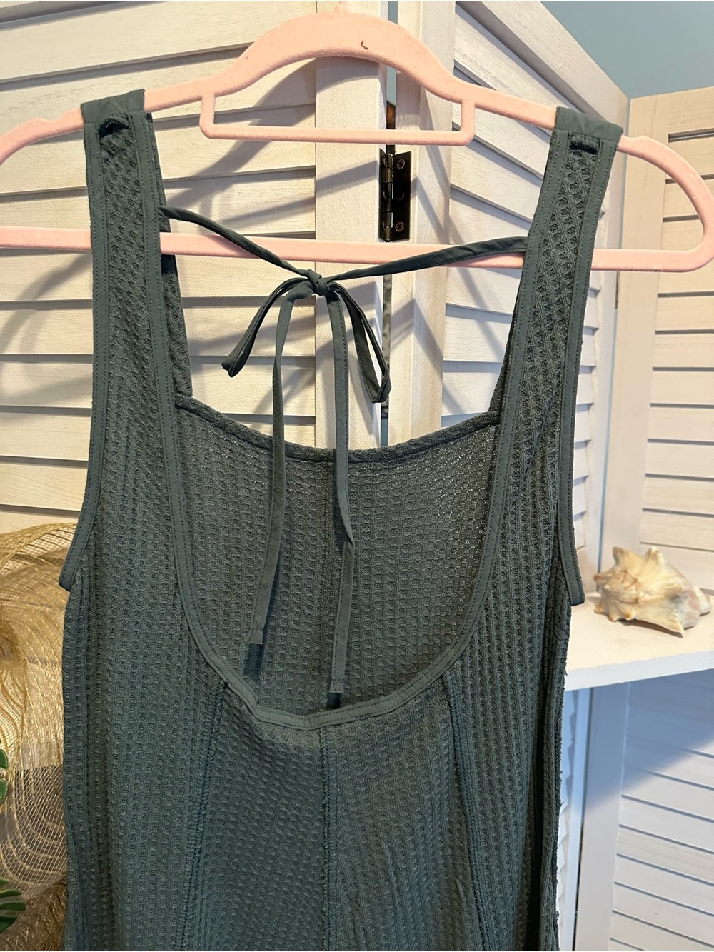 Zenana Outfitters Dark Sage Waffle Cotton Jumpsuit Romper - Picture 2 of 7